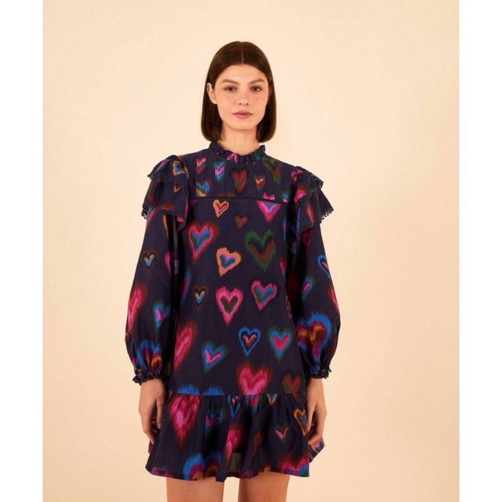 FARM RIO Navy Ikat Dyed Hearts Mini Dress